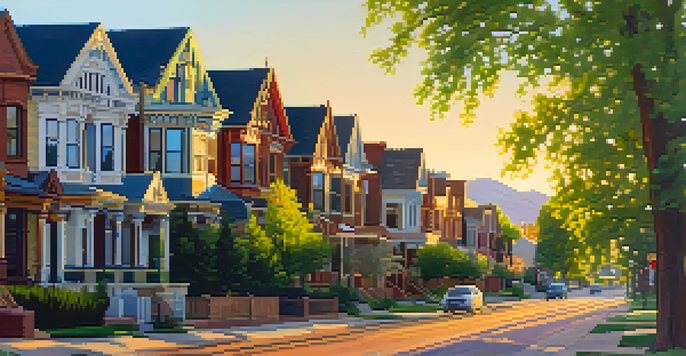 A scenic view of restored Victorian houses in a Denver neighborhood during sunset, showcasing intricate architecture and colorful flowers.