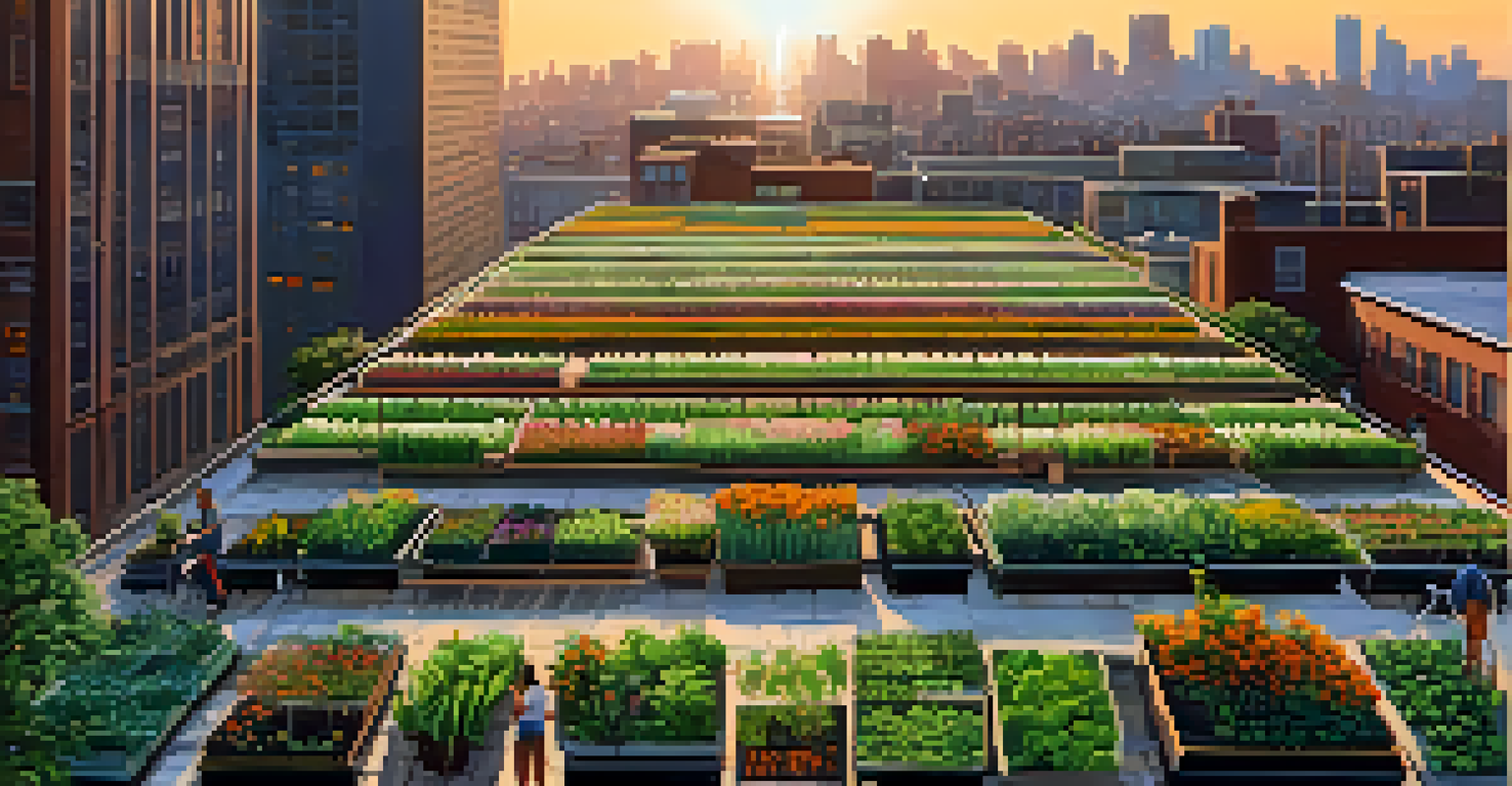 A rooftop farm with green plants and volunteers, set against a city skyline during sunset.