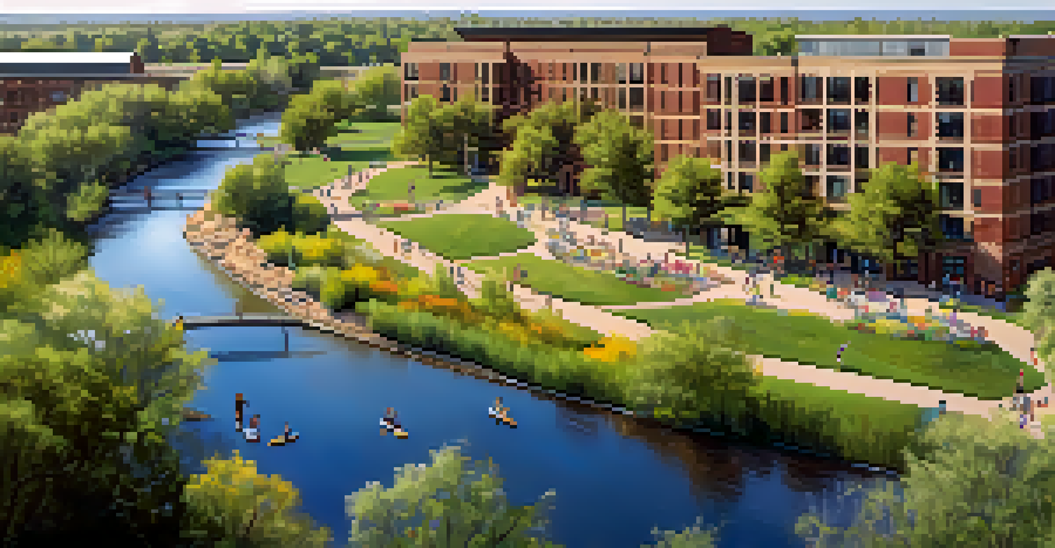 Aerial view of the South Platte River Greenway with families enjoying the outdoors, colorful wildflowers, and a sparkling river, illustrating urban nature integration.