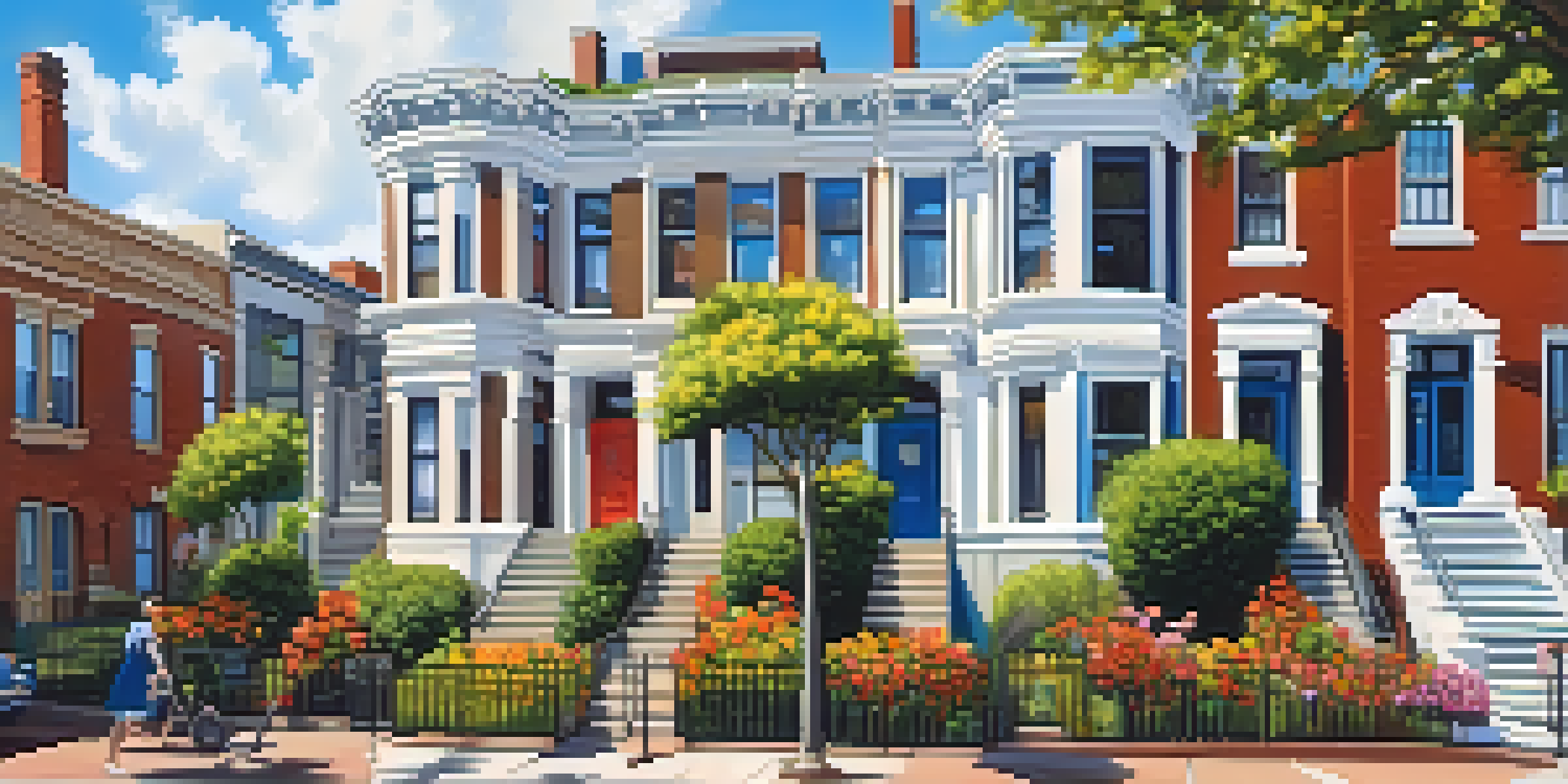 A scenic view of Capitol Hill showcasing historic townhouses, colorful gardens, and people strolling in a vibrant neighborhood.