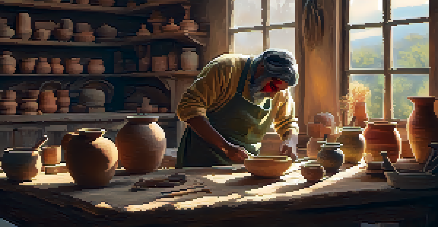 An artisan crafting pottery in a workshop filled with colorful materials and natural light.