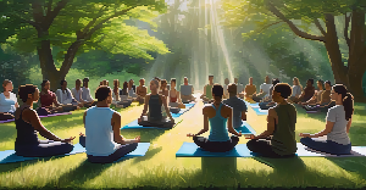 Participants meditating in a peaceful outdoor setting surrounded by trees and sunlight.