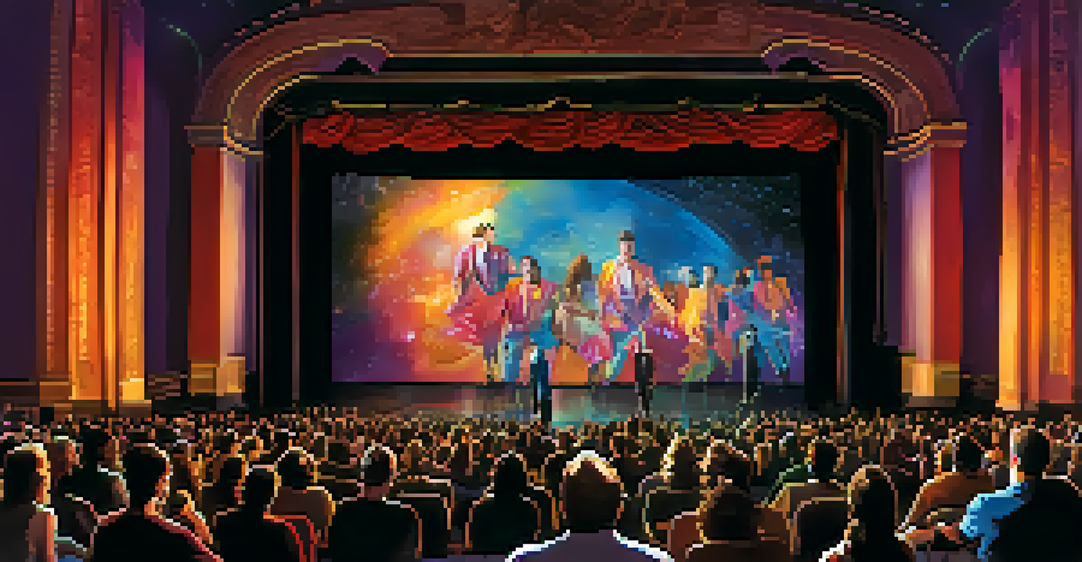 A modern theater performance in Denver, featuring performers interacting with digital projections, showcasing innovation in the arts.