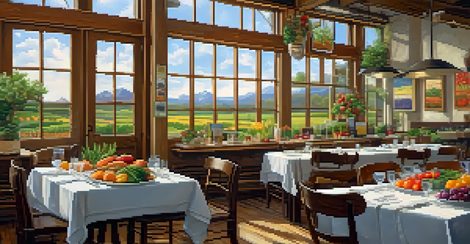 A farm-to-table dining setup in a Denver restaurant with fresh produce and healthy dishes on a rustic wooden table, illuminated by natural light.