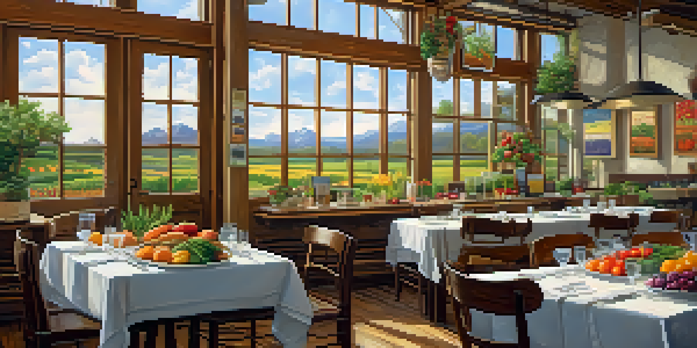 A farm-to-table dining setup in a Denver restaurant with fresh produce and healthy dishes on a rustic wooden table, illuminated by natural light.