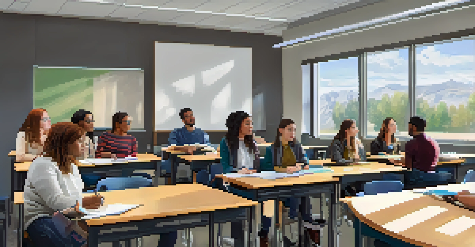 A modern classroom at a Denver community college with a diverse group of students engaged in learning from an instructor using a digital board.