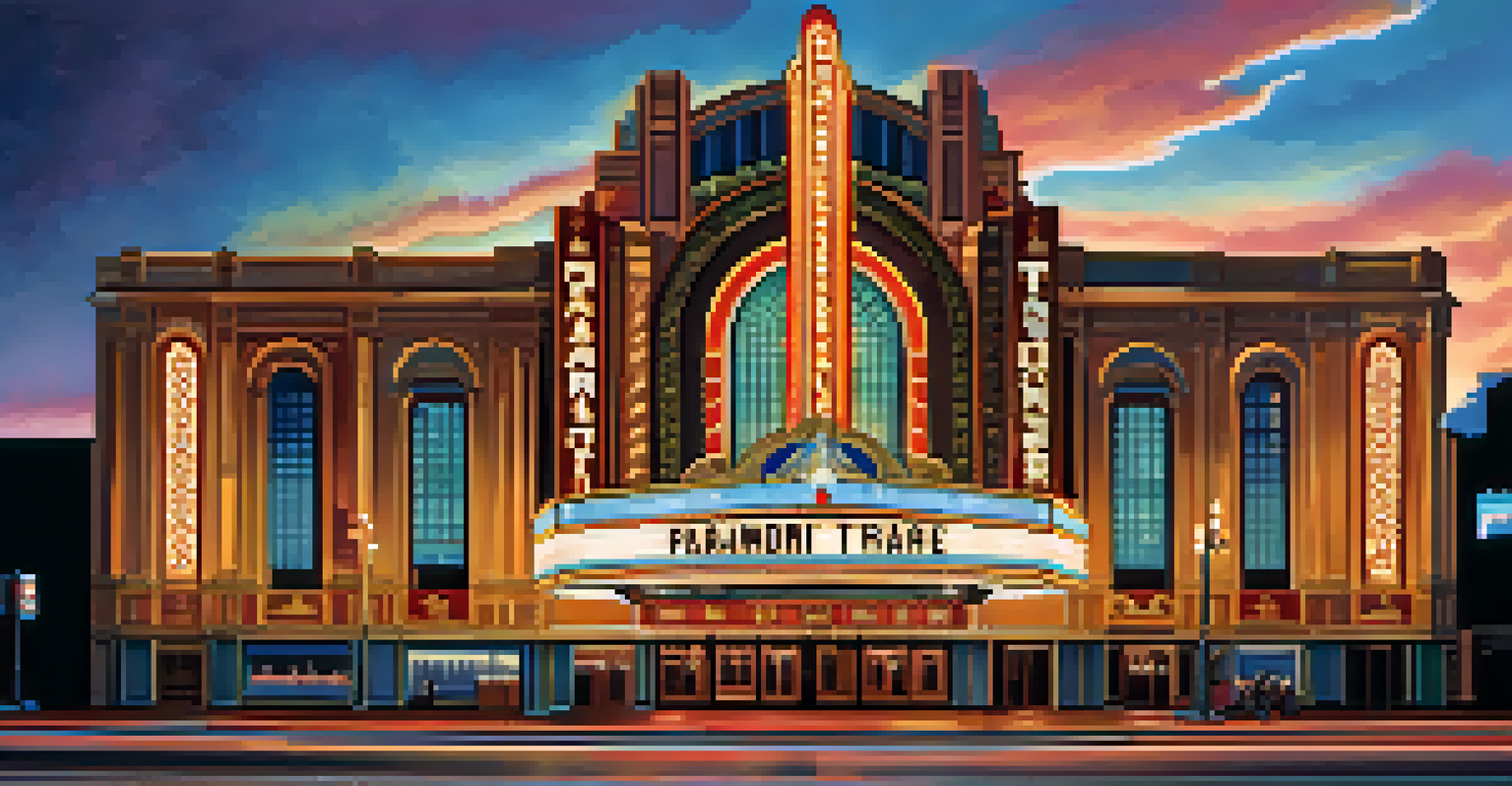 The Paramount Theatre in Denver, highlighting its Art Deco style with geometric shapes and colorful details, illuminated in soft evening light.