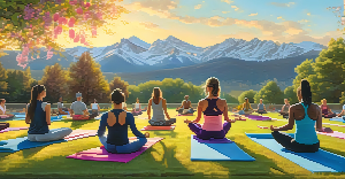 A diverse group of people practicing yoga in a Denver park during sunrise, with the Rocky Mountains in the background.