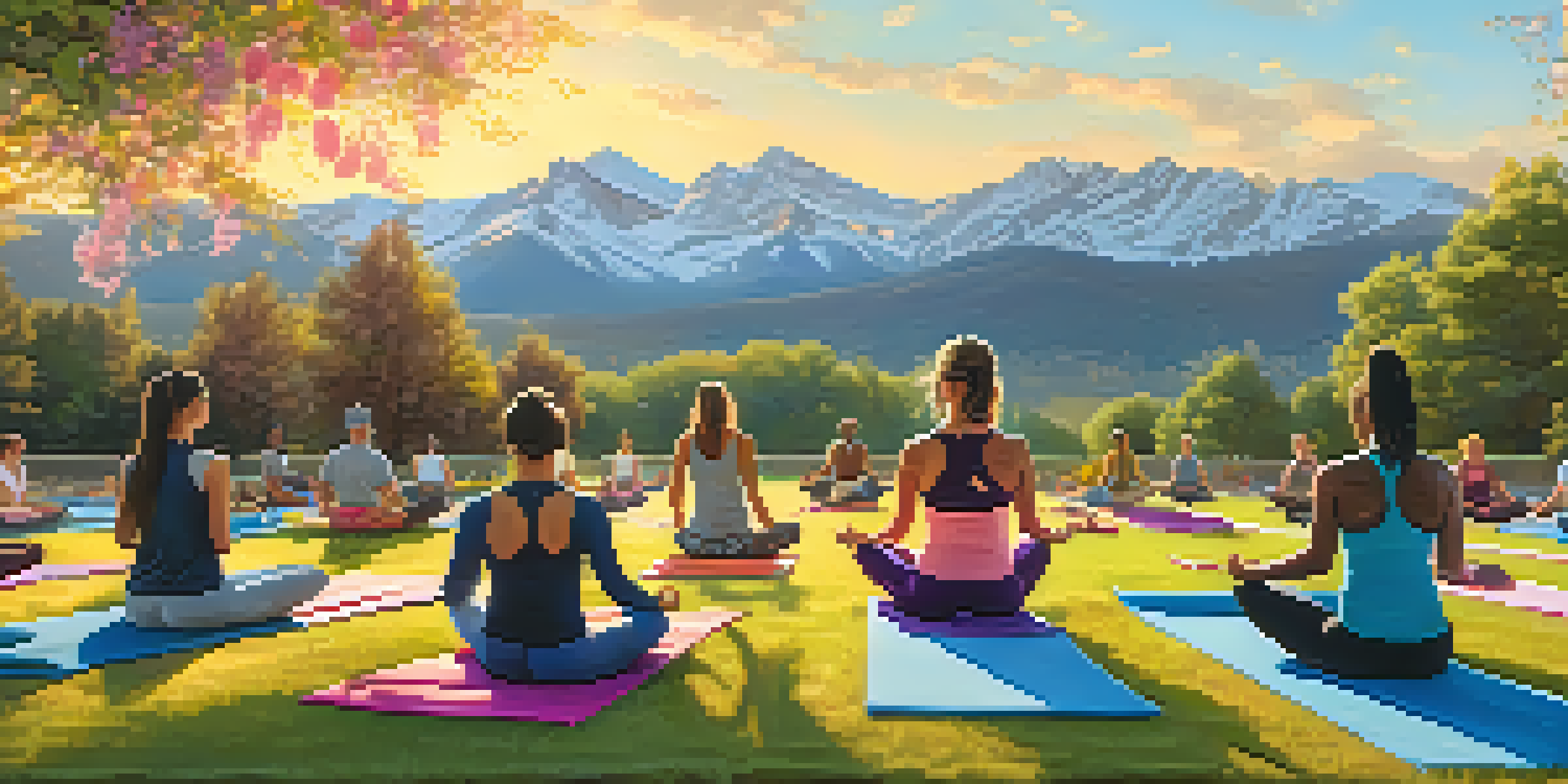 A diverse group of people practicing yoga in a Denver park during sunrise, with the Rocky Mountains in the background.