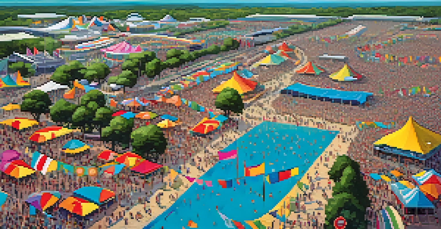 An aerial view of a large music festival with tents, stages, and a crowd of people dancing, along with colorful flags and food trucks.