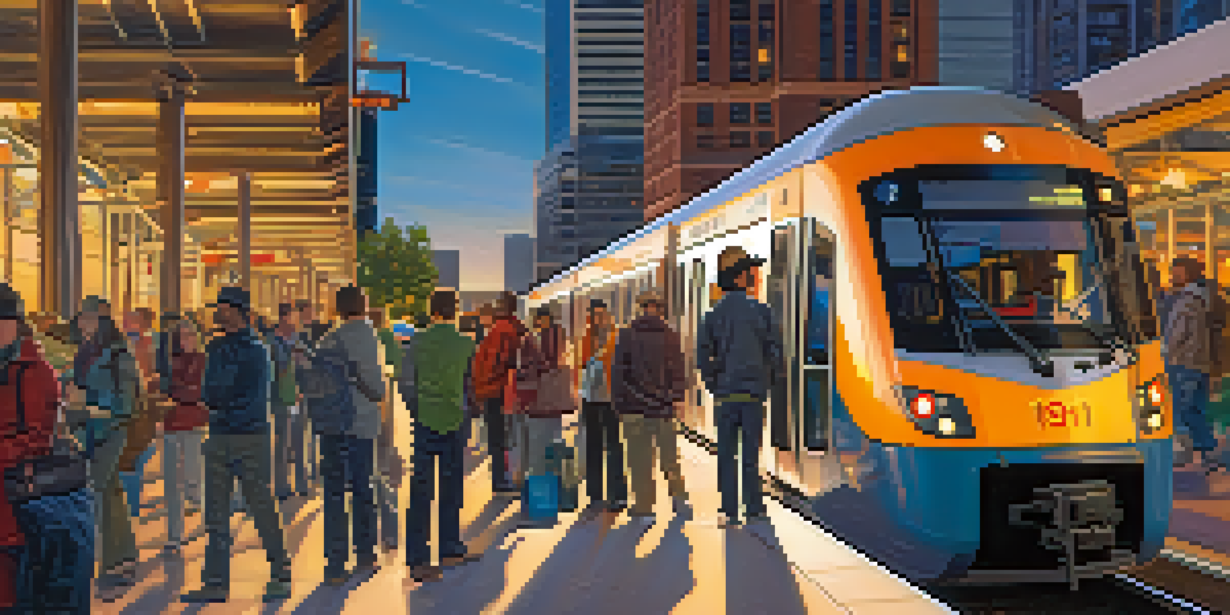 A busy light rail station in Denver with people waiting and a train approaching during sunset.