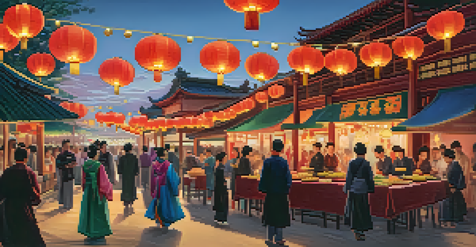 A vibrant night scene at the Lantern Festival in Aurora, with colorful lanterns and performers showcasing traditional dances.
