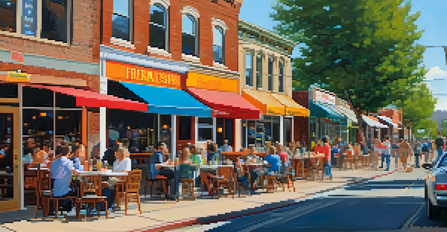 A lively street scene in Denver's Highlands neighborhood with outdoor dining, featuring happy dogs with their owners and colorful restaurant signage.