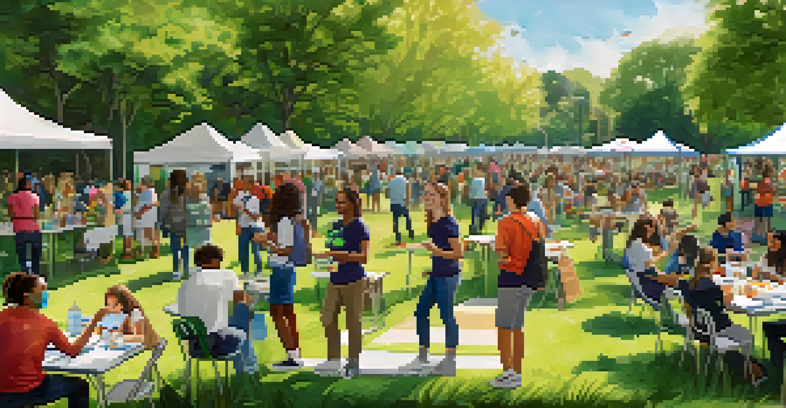University students and community members collaborating at an outdoor event in a park, engaging in activities that promote sustainability and community service.