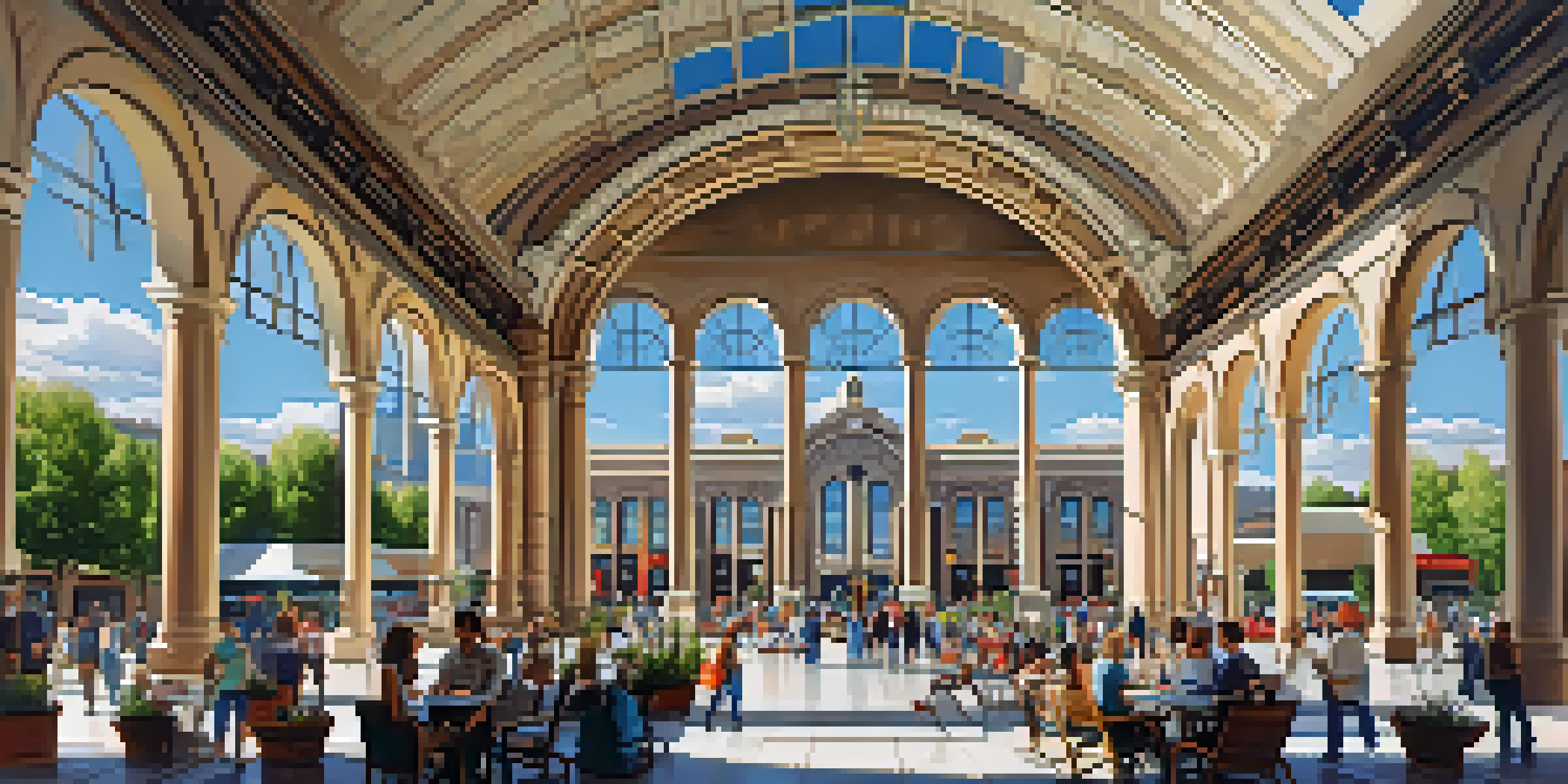 A vibrant view of Denver's Union Station with its grand architecture, clock tower, and people enjoying the area.