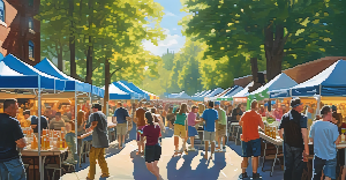 A vibrant beer festival scene with people sampling craft beers, colorful brewery booths, and food vendors under a sunny sky.