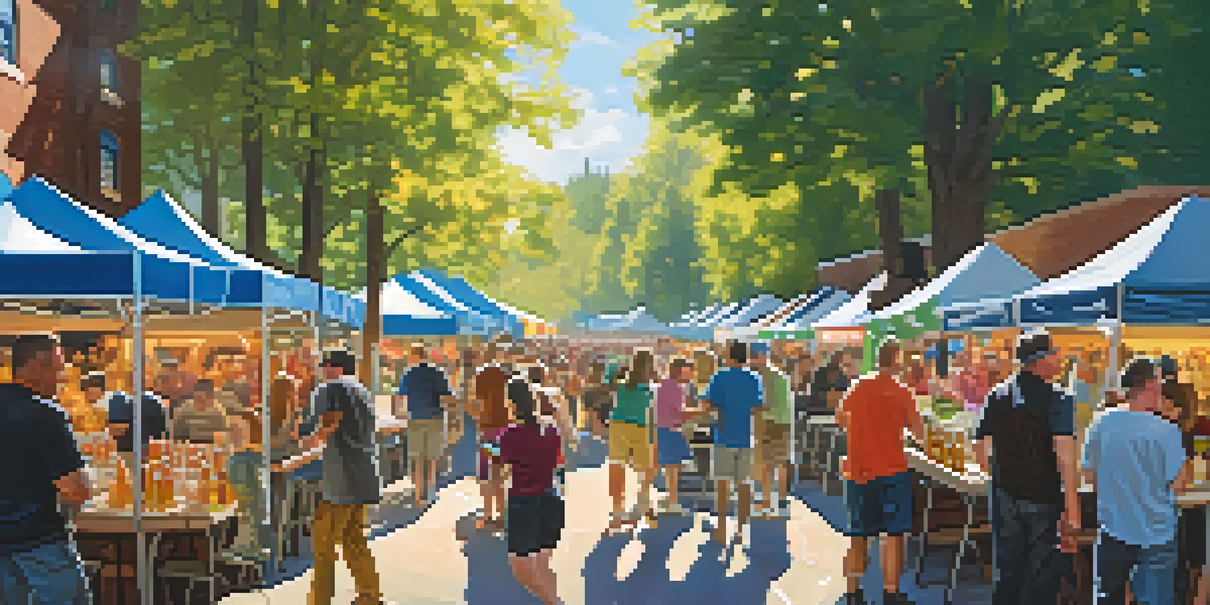 A vibrant beer festival scene with people sampling craft beers, colorful brewery booths, and food vendors under a sunny sky.