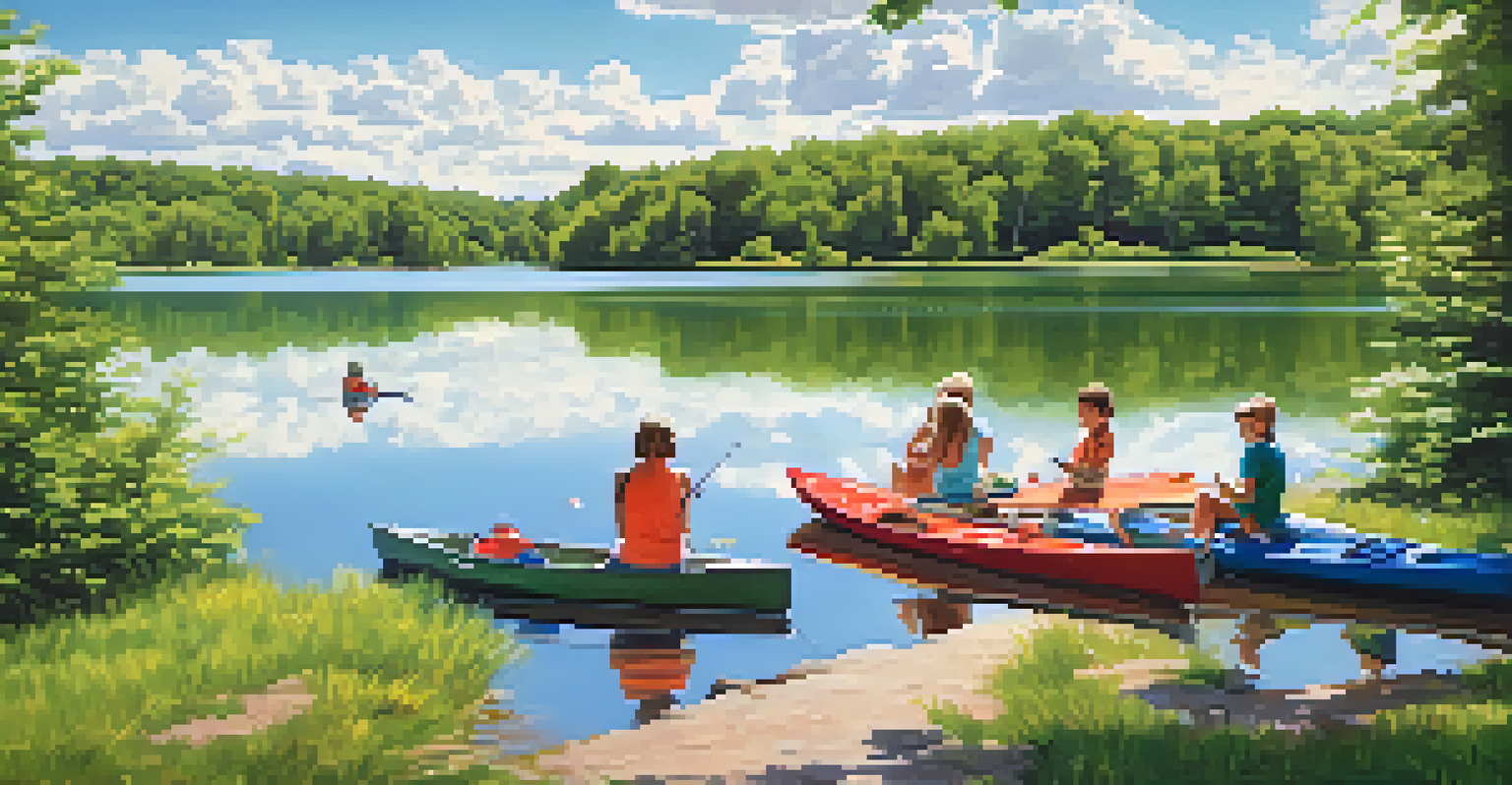 A family-friendly lake scene with people fishing and kayaking under a blue sky.