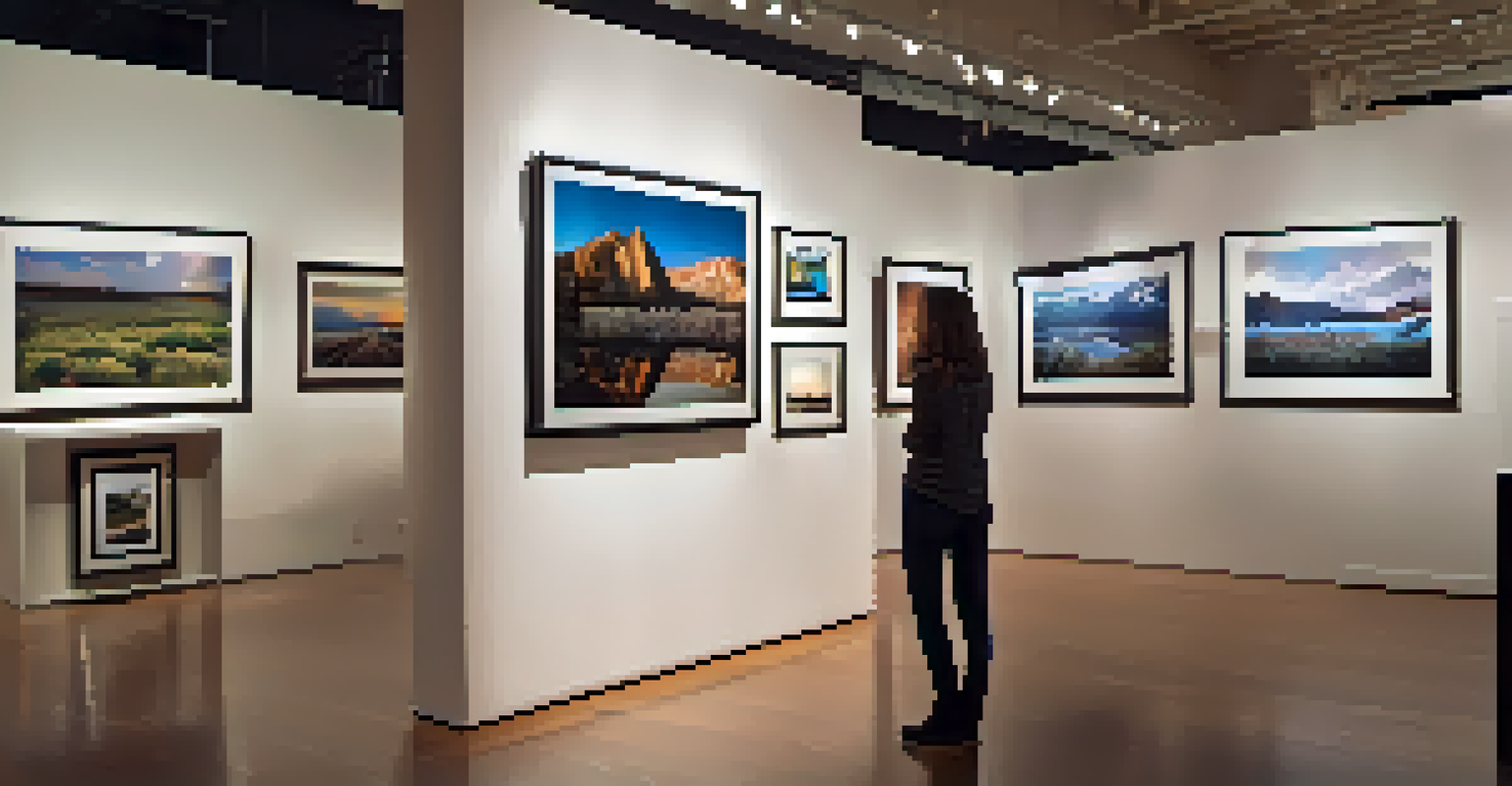 An indoor photography exhibition in Denver, showcasing various captivating photographs and people discussing art.