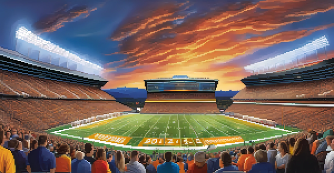 A panoramic view of a football stadium filled with cheering fans, with the Rocky Mountains in the background during sunset.
