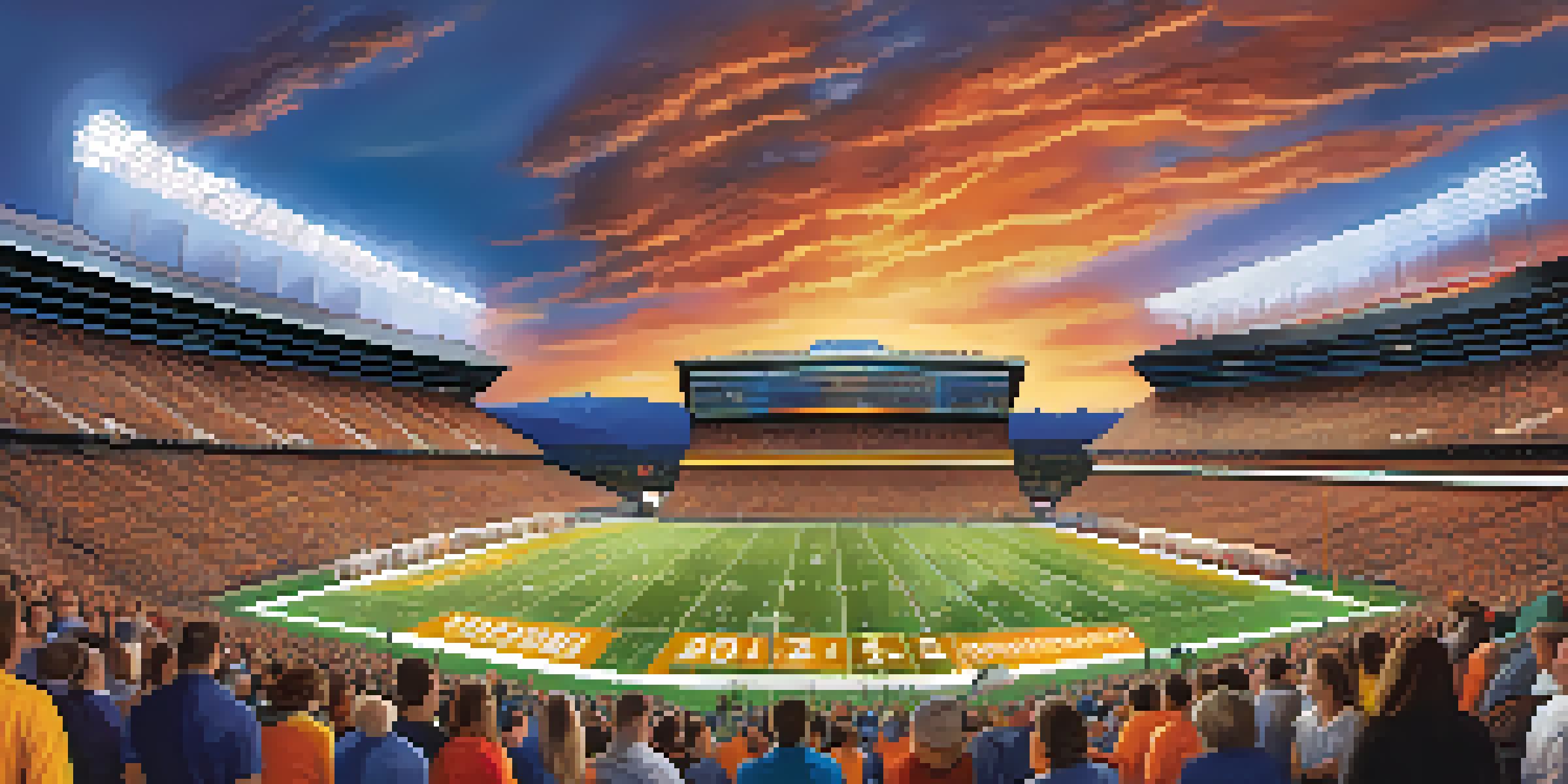 A panoramic view of a football stadium filled with cheering fans, with the Rocky Mountains in the background during sunset.