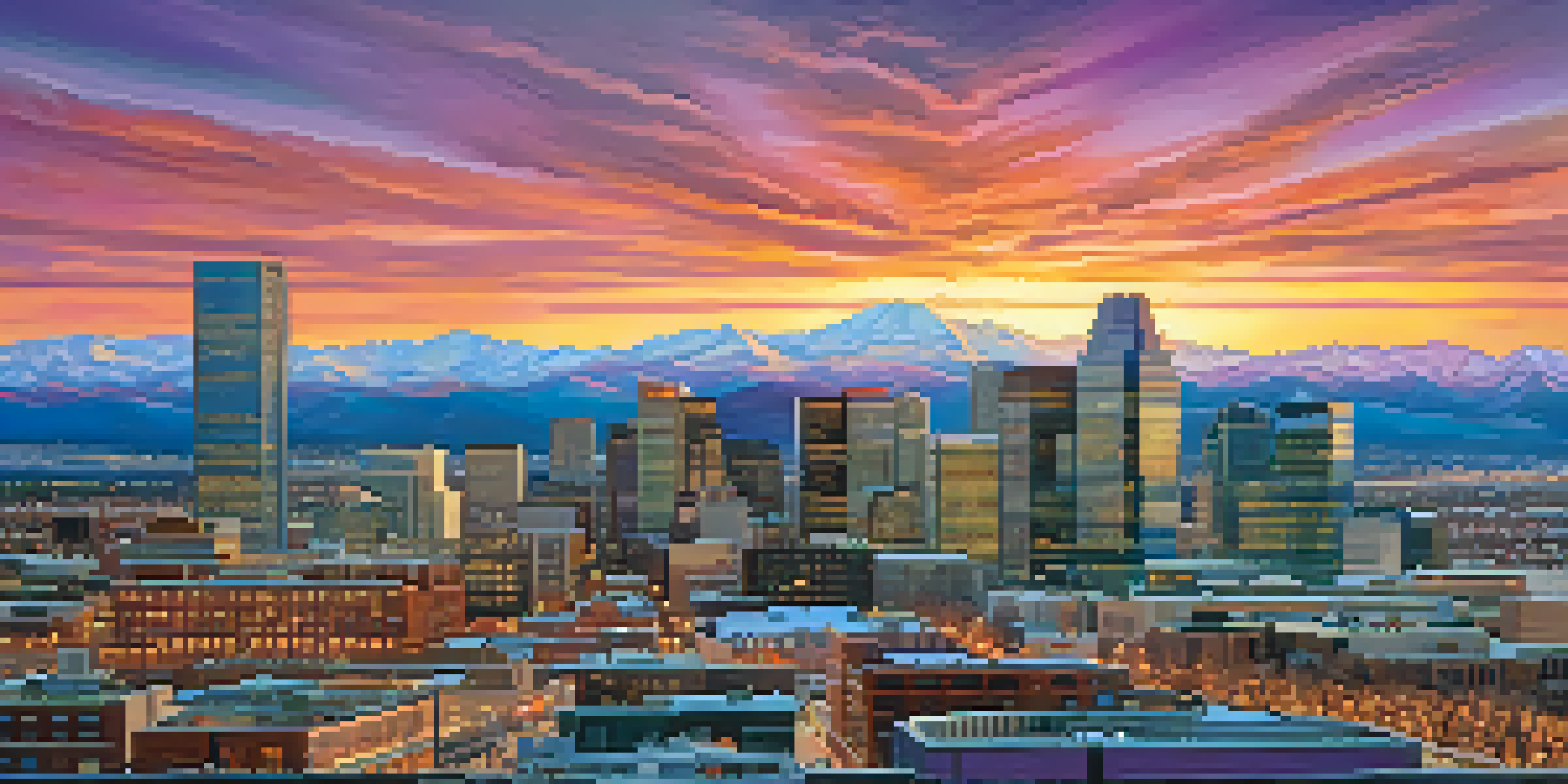 Aerial view of Denver's skyline at sunset with mountains in the background and colorful sky.