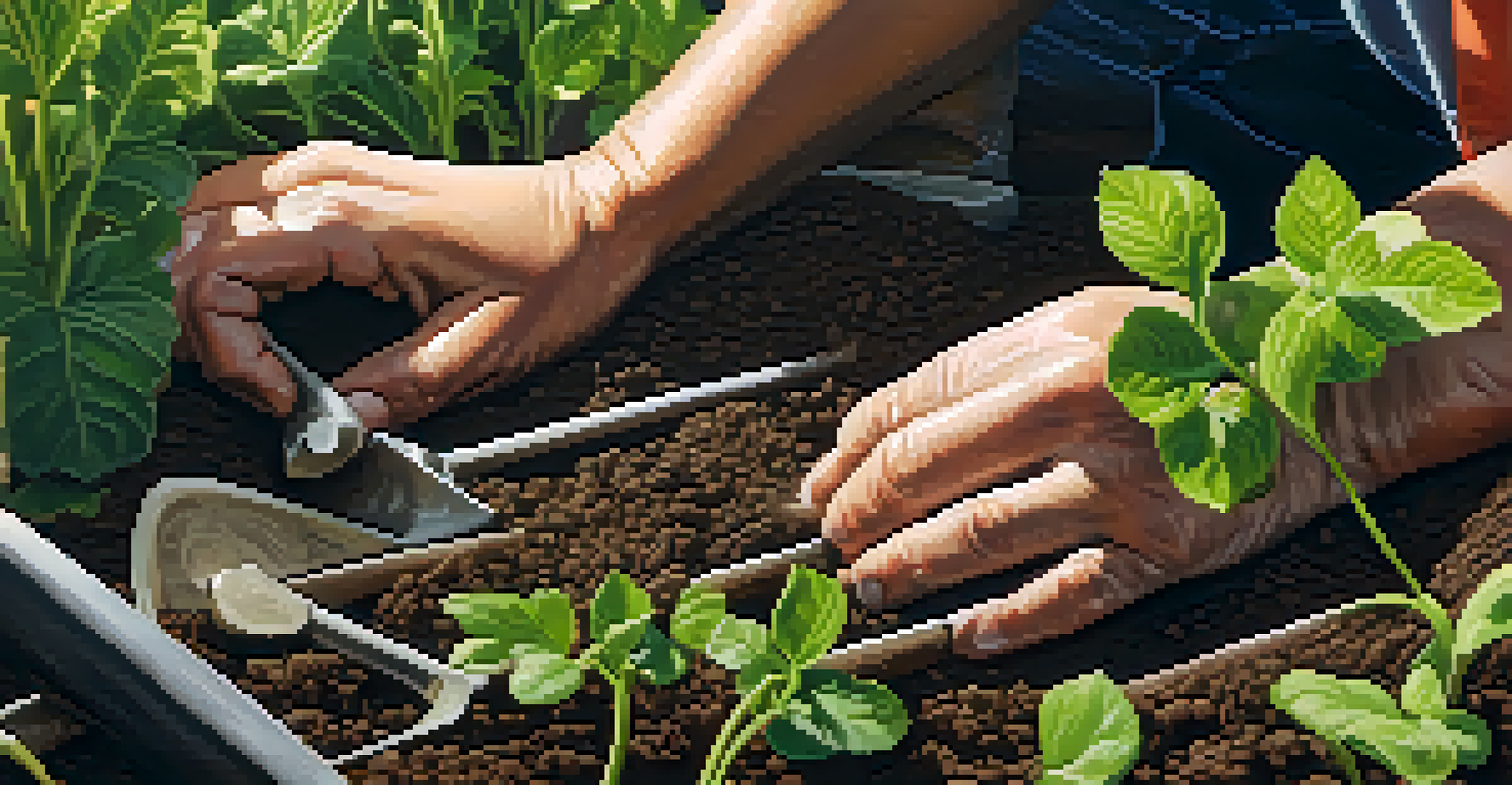 Close-up of hands planting in a community garden with soil and plants, illuminated by sunlight filtering through the leaves.