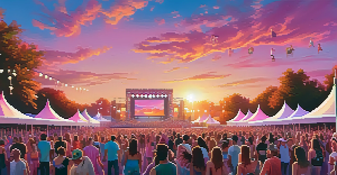 A lively outdoor music festival at sunset with a diverse crowd, colorful art installations, and a vibrant sky.