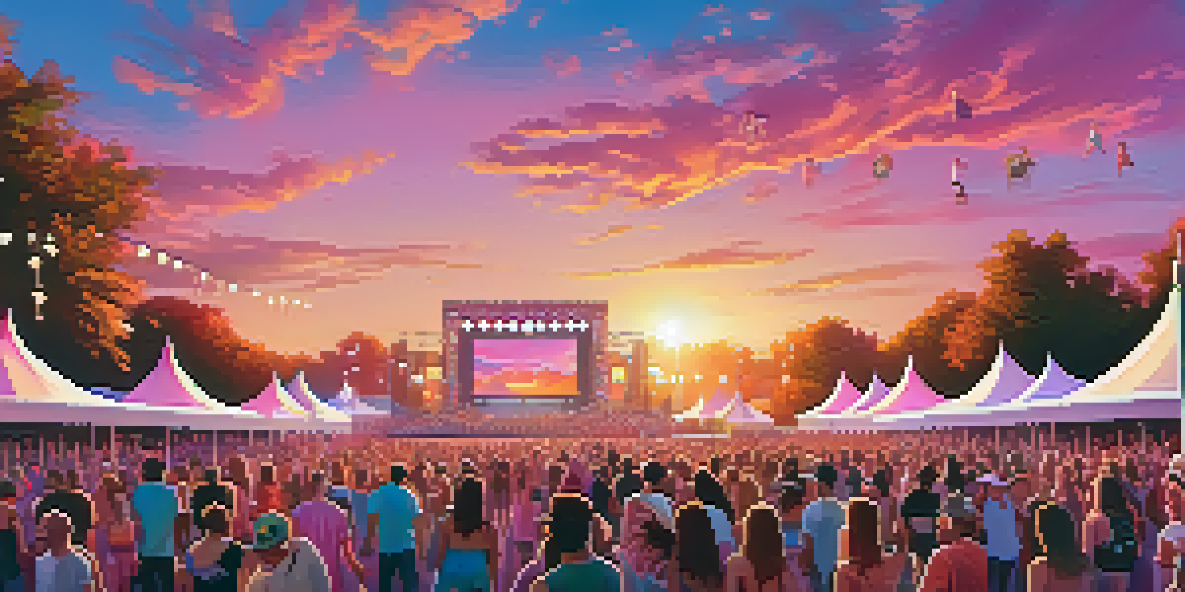 A lively outdoor music festival at sunset with a diverse crowd, colorful art installations, and a vibrant sky.