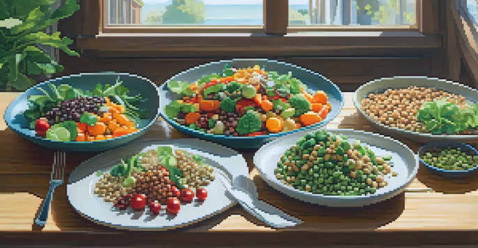 A plate of colorful plant-based dishes including vegetables, grains, and legumes in a bright restaurant setting.