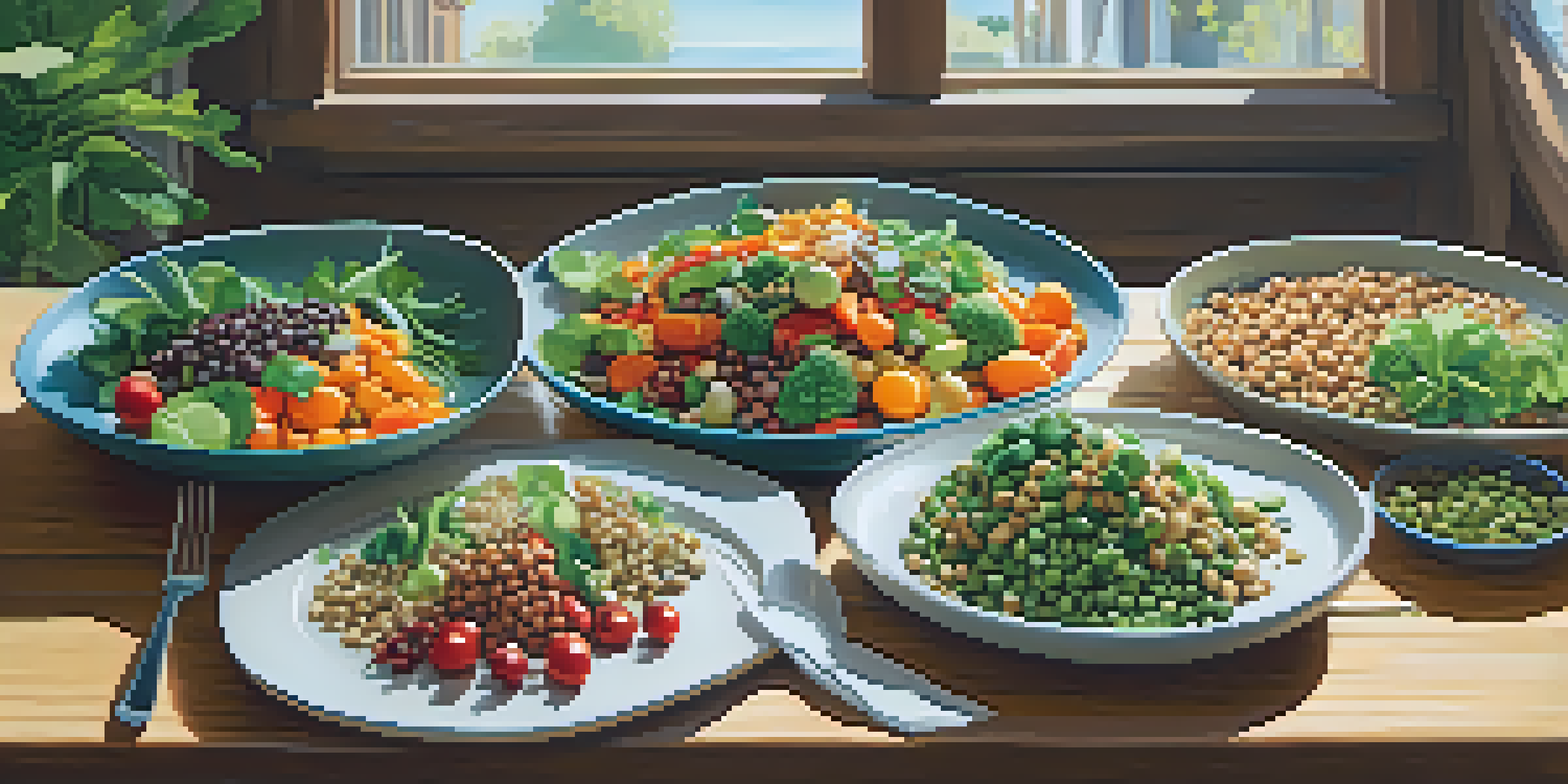 A plate of colorful plant-based dishes including vegetables, grains, and legumes in a bright restaurant setting.