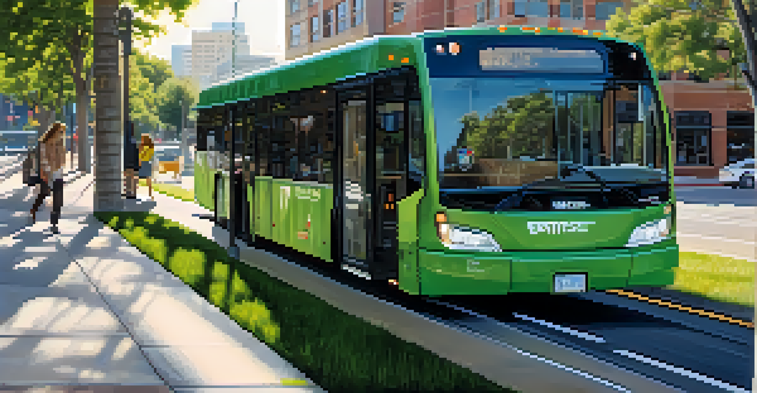 Close-up of a modern electric bus at a transit stop in Denver with people boarding.