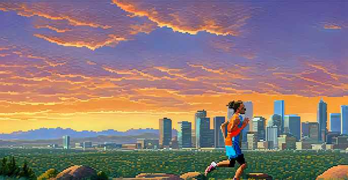 A scenic view of Denver with the city skyline and Rocky Mountains at sunset, featuring a runner in the foreground.