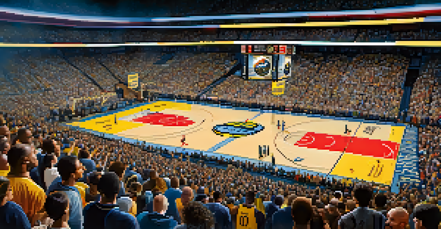 An intense basketball game at Ball Arena, showcasing players in action and a cheering crowd.
