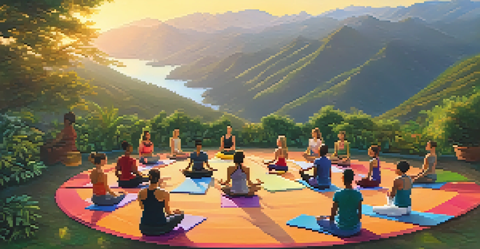 A group of individuals practicing yoga on a mountain top during sunrise, surrounded by greenery and mountains.