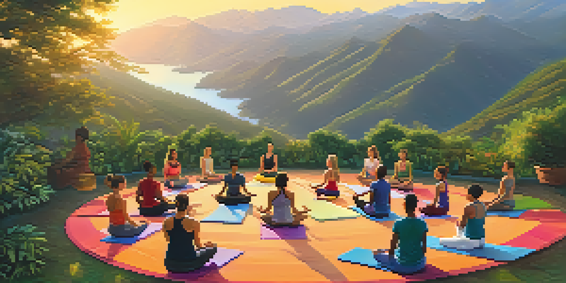 A group of individuals practicing yoga on a mountain top during sunrise, surrounded by greenery and mountains.