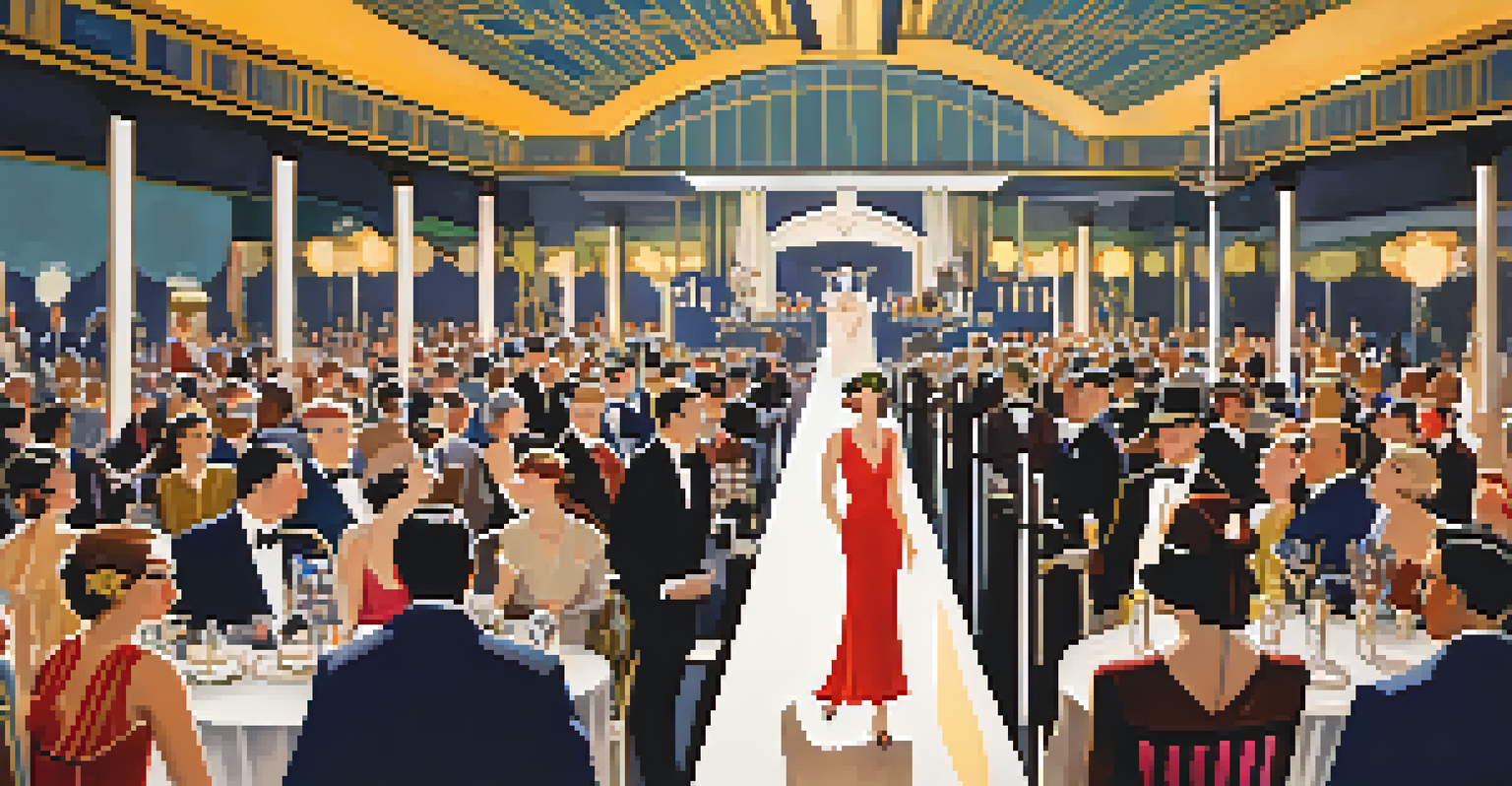 A lively 1920s fashion show featuring flapper dresses and suits, with an Art Deco setting and jazz musicians.