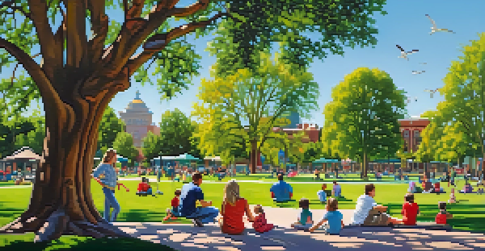 A family having fun in City Park with children playing, picnics, and the Denver Zoo in the background.
