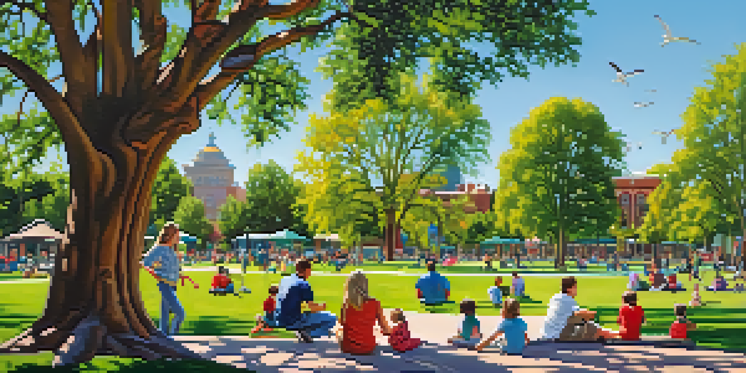 A family having fun in City Park with children playing, picnics, and the Denver Zoo in the background.