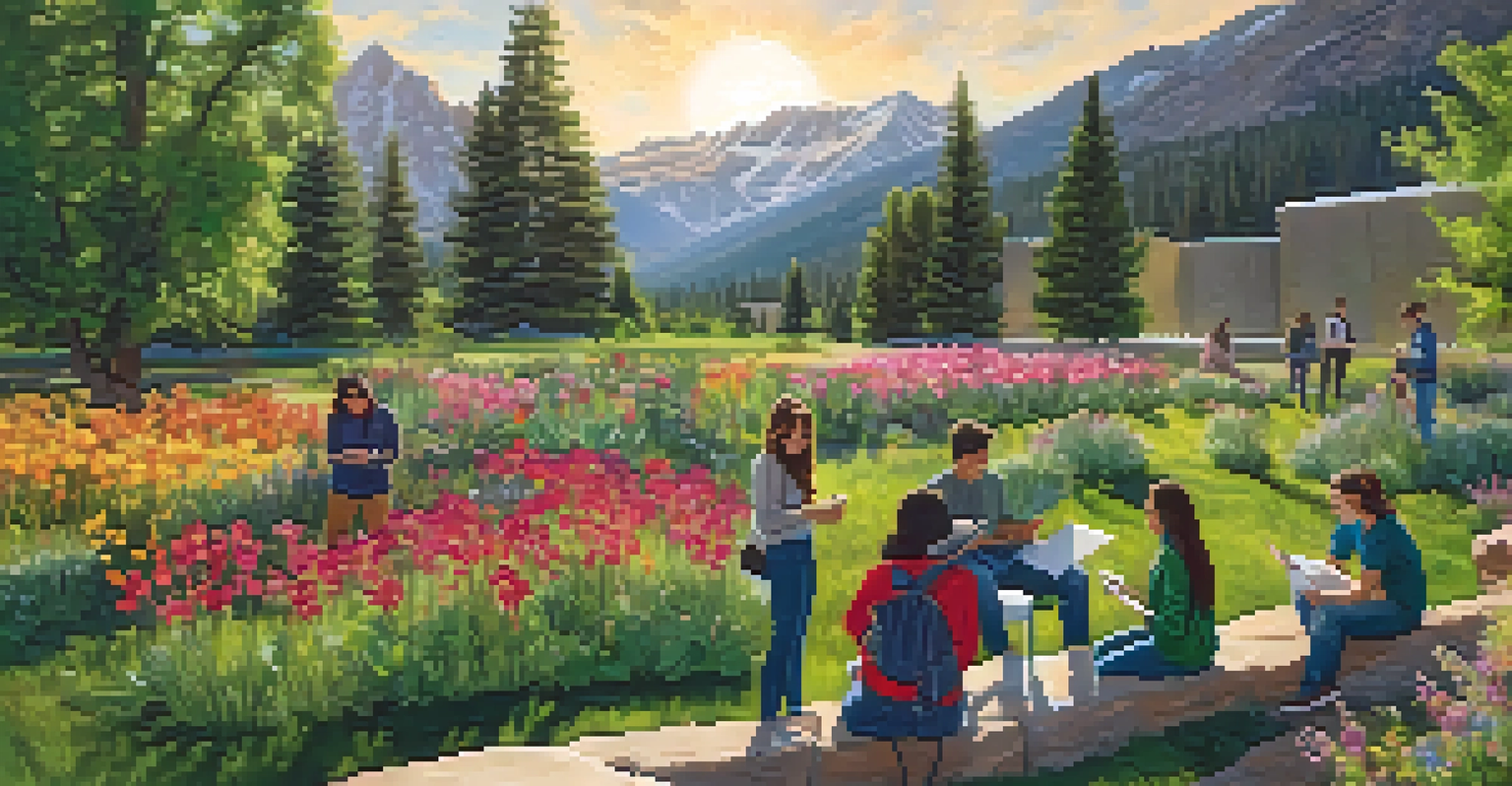 Students working together on a sustainability project outdoors with the Rocky Mountains in the background.