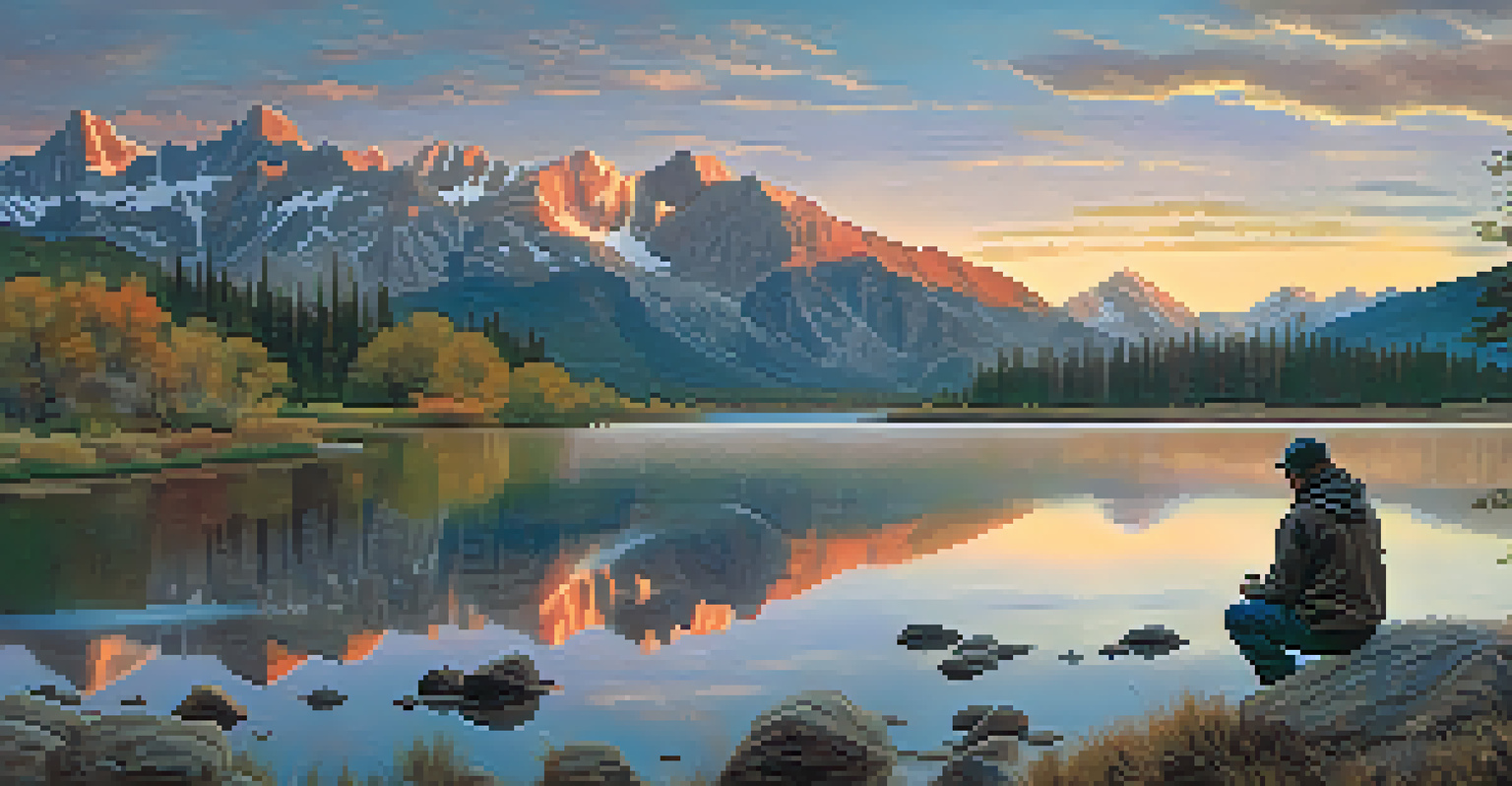 A photographer by a lake capturing the reflection of the Rocky Mountains at sunrise, with soft pastel colors illuminating the scene.