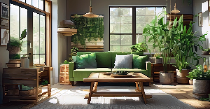 A modern living room with reclaimed wood accents and bamboo furniture, filled with natural light and green plants.