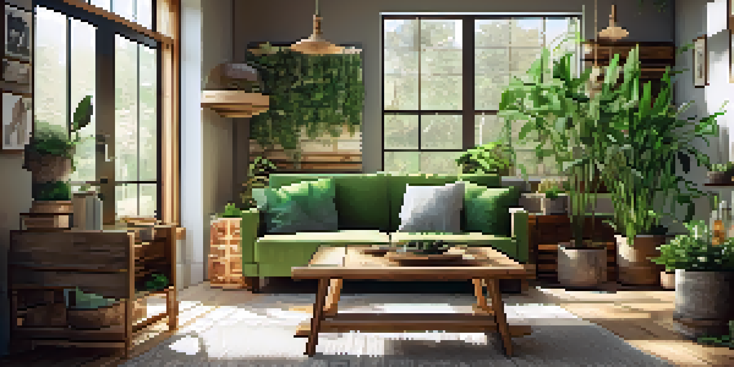 A modern living room with reclaimed wood accents and bamboo furniture, filled with natural light and green plants.