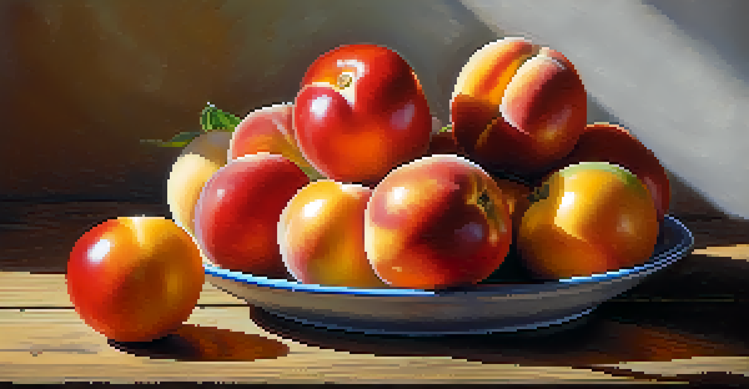 A detailed view of Colorado peaches and heirloom tomatoes on a wooden table, highlighting their colors and textures in warm sunlight.