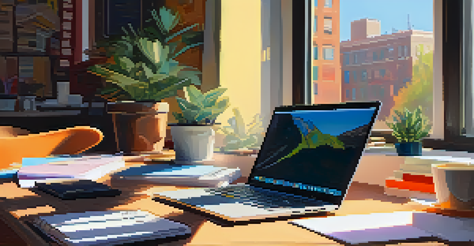A close-up of a freelancer's workspace with a laptop, sketchpad, and coffee cup, illuminated by warm sunlight.