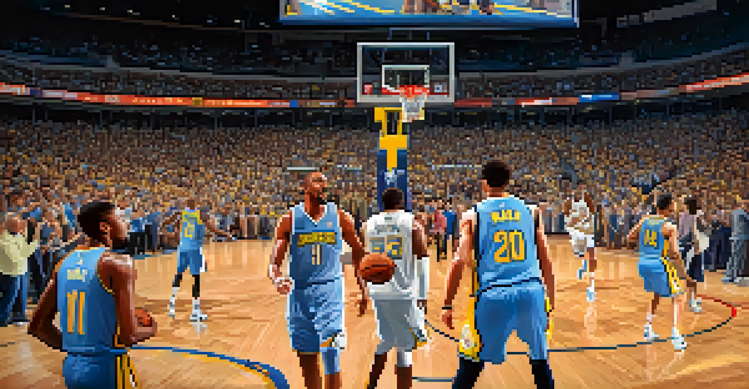 Fans cheering in Ball Arena during a Denver Nuggets basketball game, with players in action on the court.