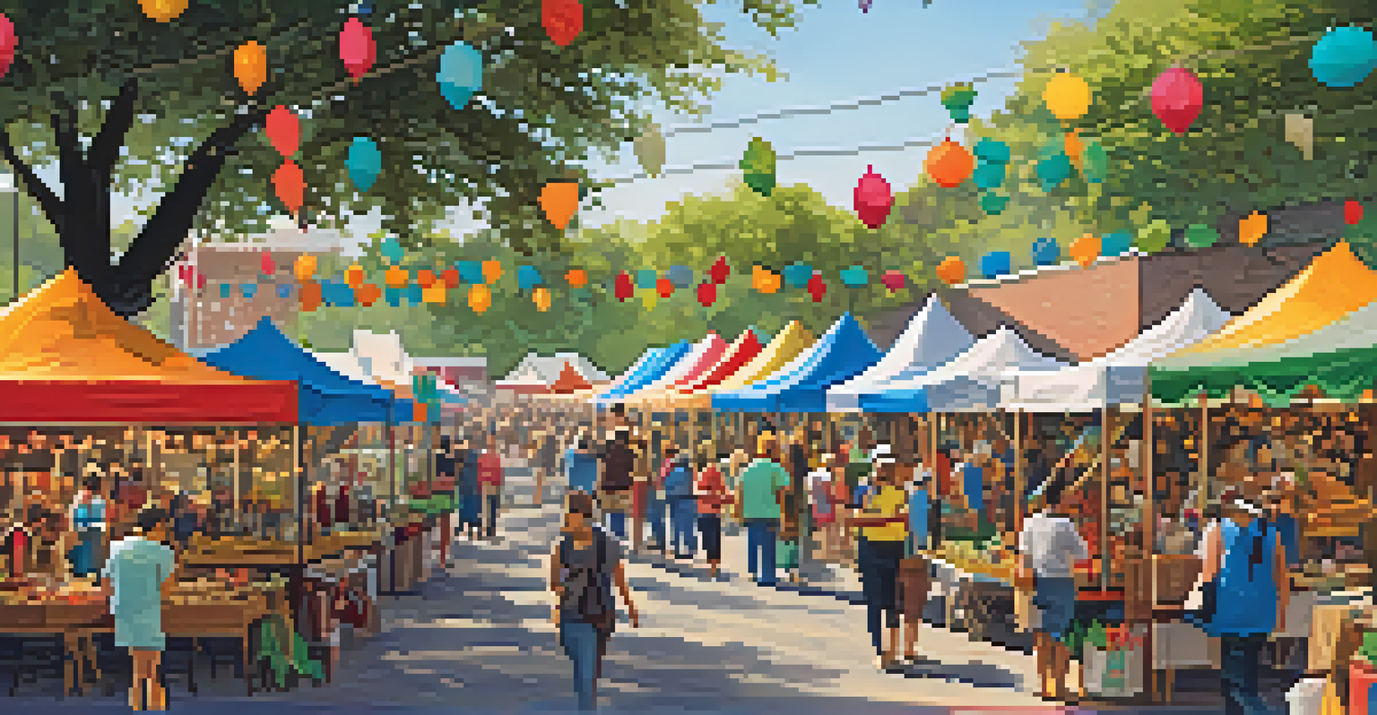 A lively market area at a local music festival with vendors selling crafts and food, and families enjoying the atmosphere.