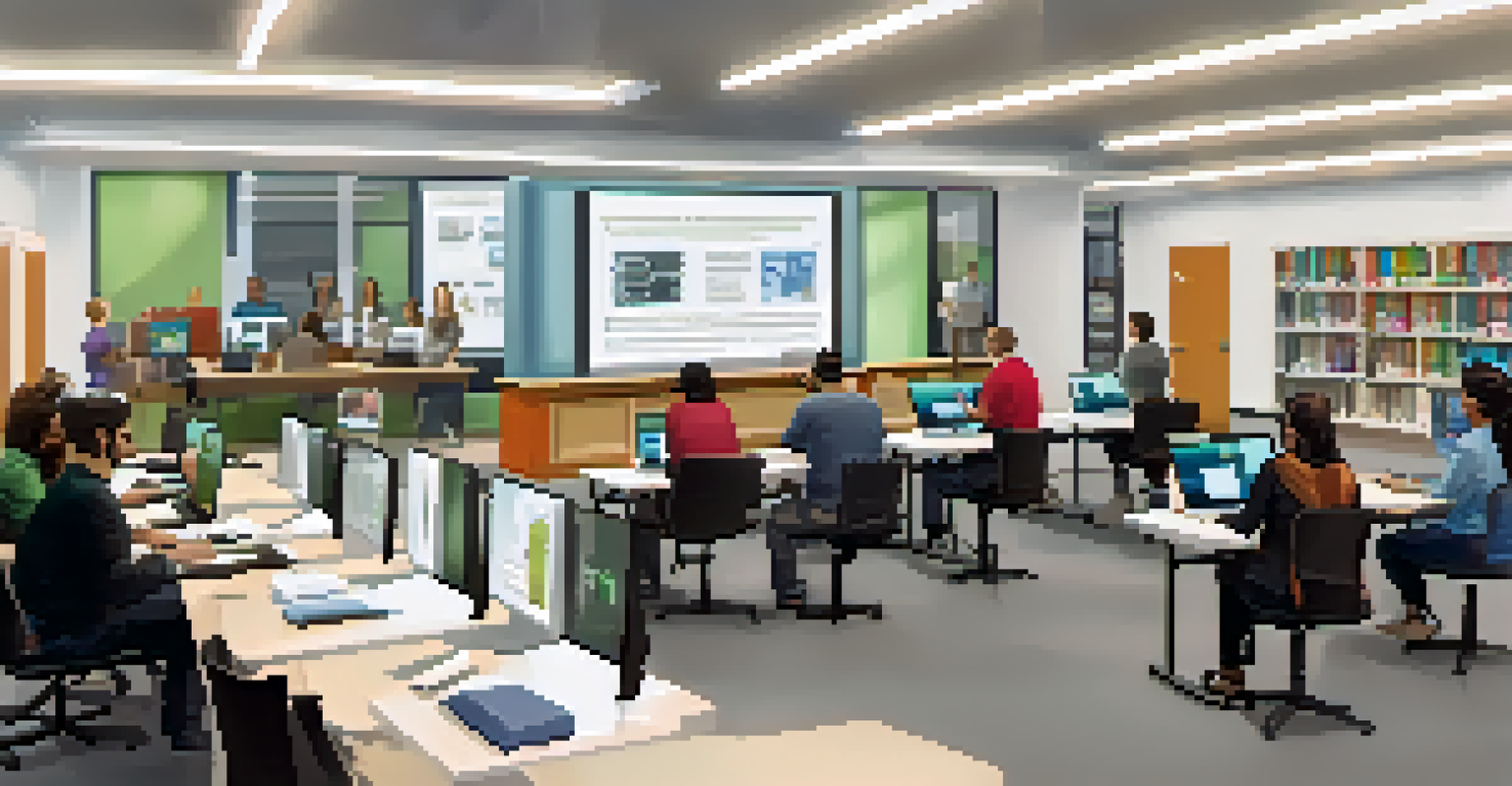 An engaging technology workshop in a library with adults learning digital skills from an instructor, featuring computers and a bright, modern environment.