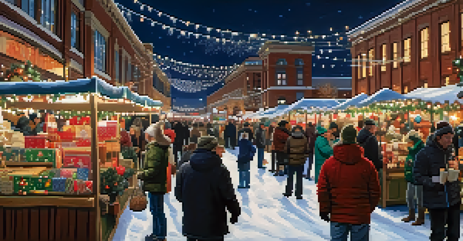 A festive Denver Winter Market scene with stalls of handmade gifts and decorations, adorned with holiday lights and visitors enjoying hot cocoa.