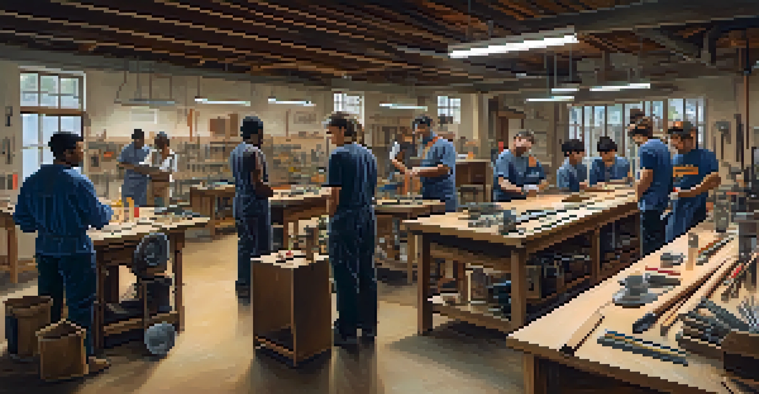 A workshop with diverse participants engaged in vocational training, surrounded by tools and materials, with an instructor guiding them.